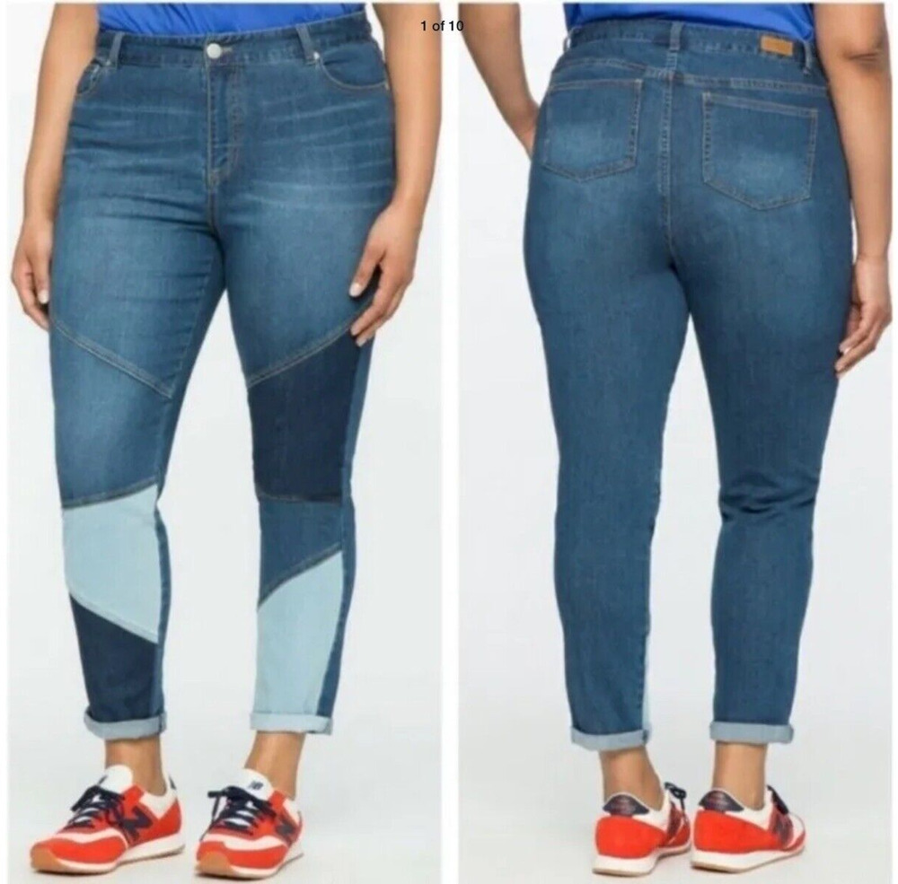 Eloquii Jeans Women's Plus Size 26 Blue Patchwork Boho High Rise Skinny Festival